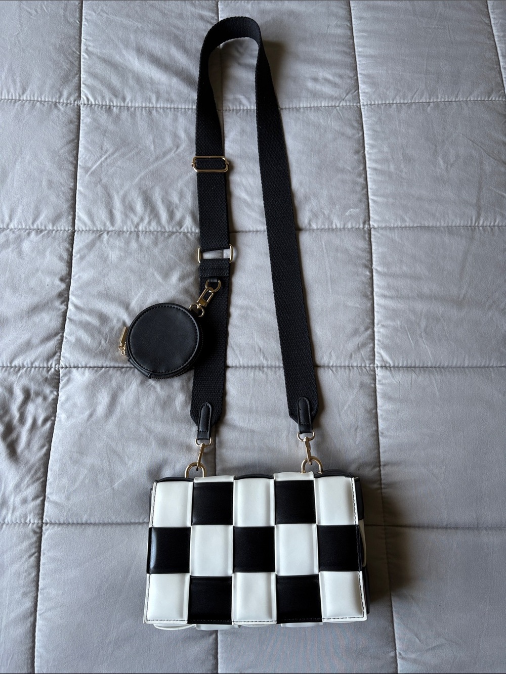 Black & White Checker Crossbody Bag with Detachable Strap